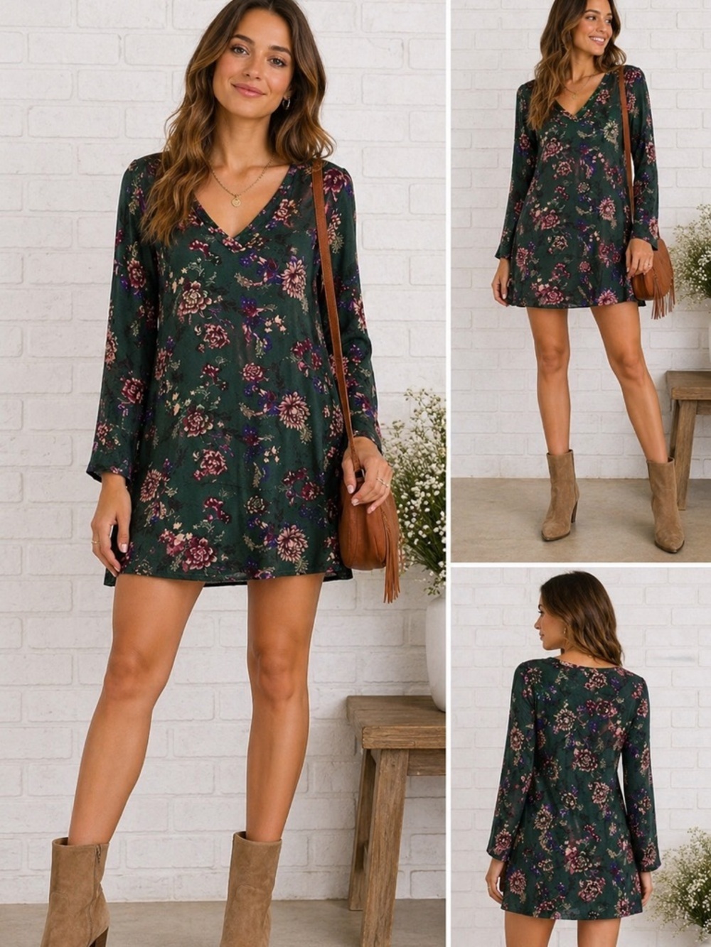 Free People Heartbeat Green Floral Print Shift Mini Tunic Dress Size XS